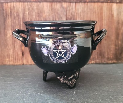 Metal incense burner witch's cauldron with pentagram