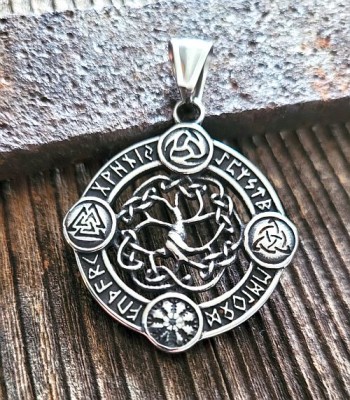 Stainless steel pendant tree of life in a runic circle