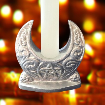 Crescent moon candle holder made of metal, silver-colored