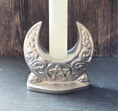 Crescent moon candle holder made of metal, silver-colored